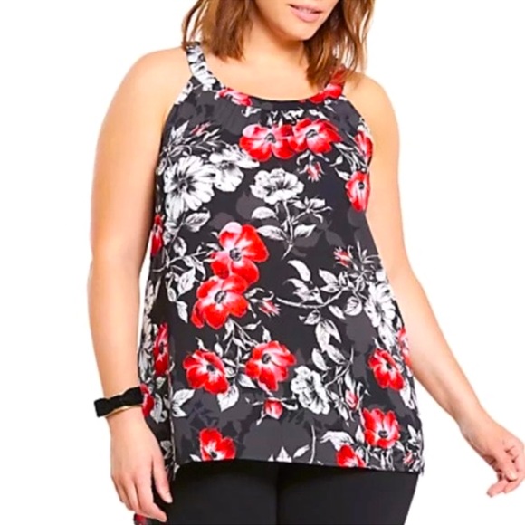 Torrid Floral Halter Neck Black/Red Sleeveless Sheer Blouse Size 1x - Picture 1 of 15